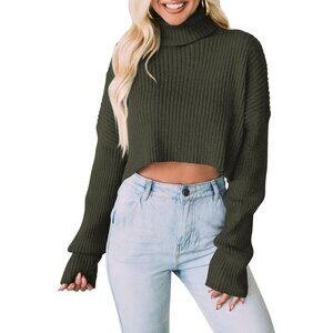 Women's Cropped Turtleneck Sweater Knitted Fall Winter Long Sleeve Chic